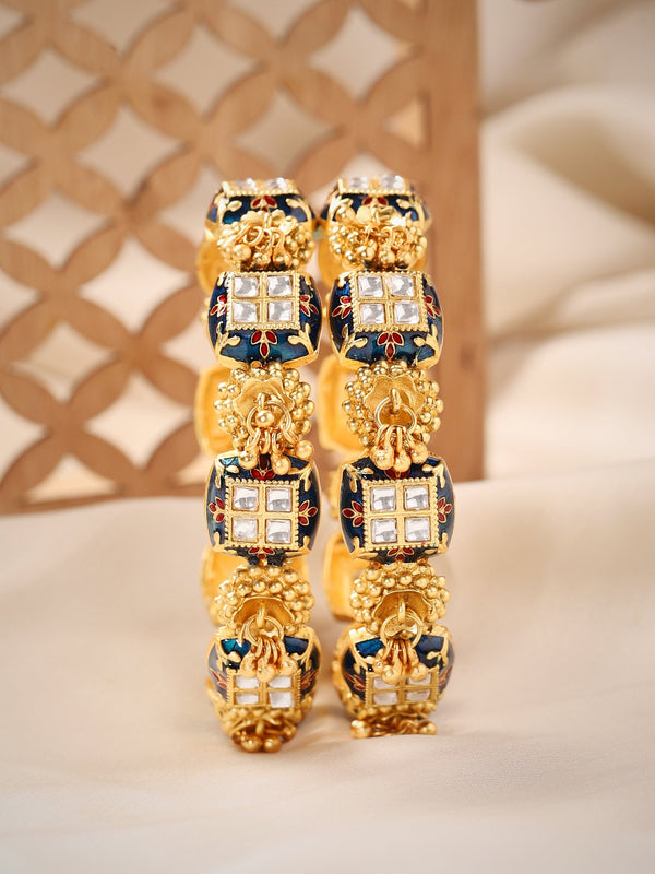 Rubans Set Of 2, 24K Gold Plated Enamel & Kundan Ghungroo Detail Bangles.