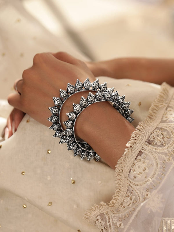 Rubans Set of 2 Oxidized Silver plated Bangles with Lotus Motif Bangles & Bracelets