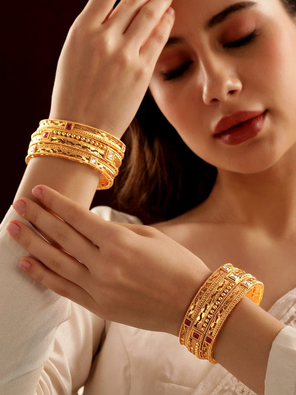 Rubans Set of 6, 22K Gold Plated Kemp stone studded handcrafted gold bangles  " Bangles & Bracelets