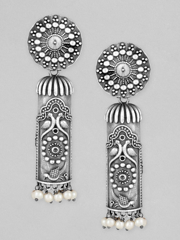 Rubans Silver Oxidised Drop Earrings With An Elegant Carved Design