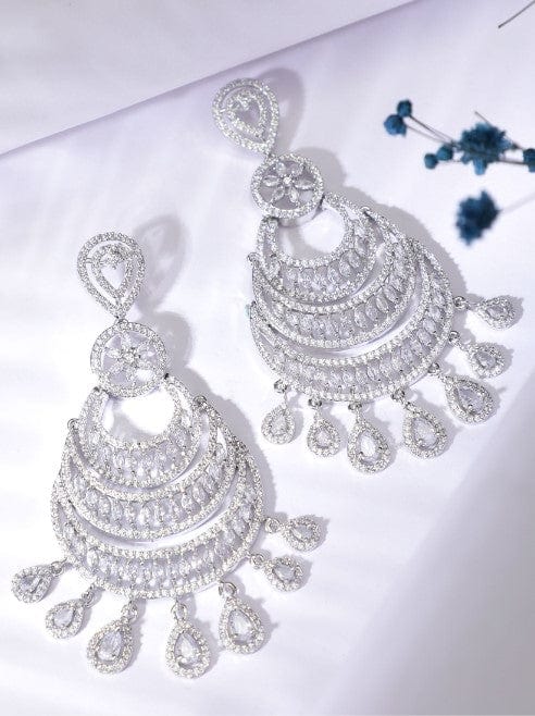 Rubans Silver Plated Chandbali Earrings With Studded American Stones.