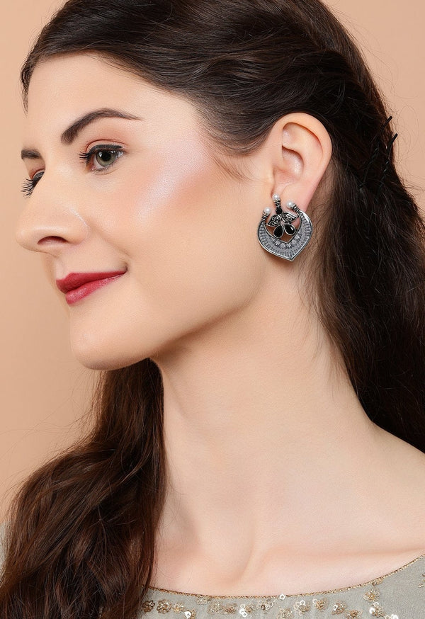 Rubans Silver Plated Handcrafted  Peacock Drop & Stud Set of 2 Earrings