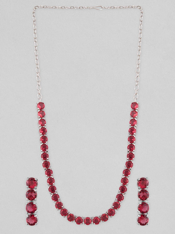 Rubans Silver Plated Long Necklace Set With Studded Pink Stones