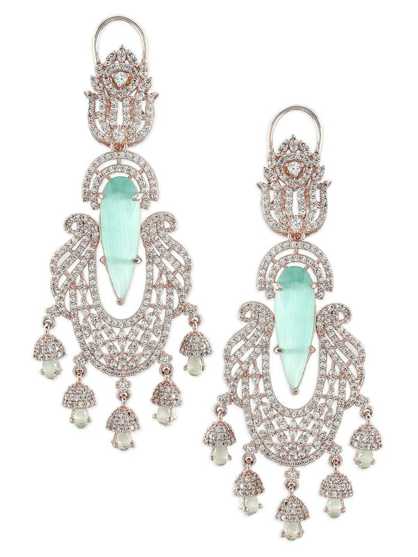 Rubans Silver-Plated White & Pastel Green AD Earrings