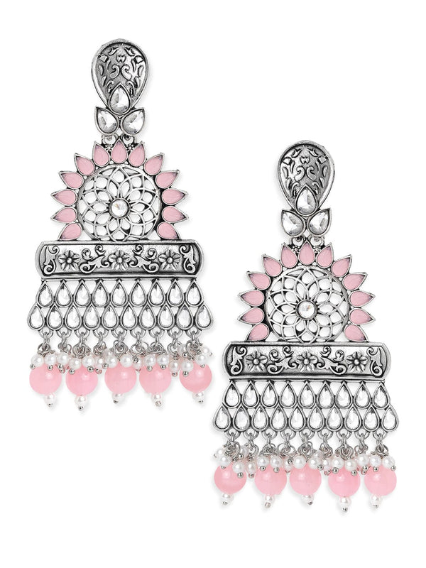 Rubans Silver Toned Contemprory Dropped Earrings with Pink Beads