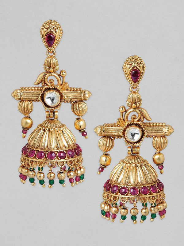 Rubans Traditional Gold Jhumkas With Pink and Green Beads