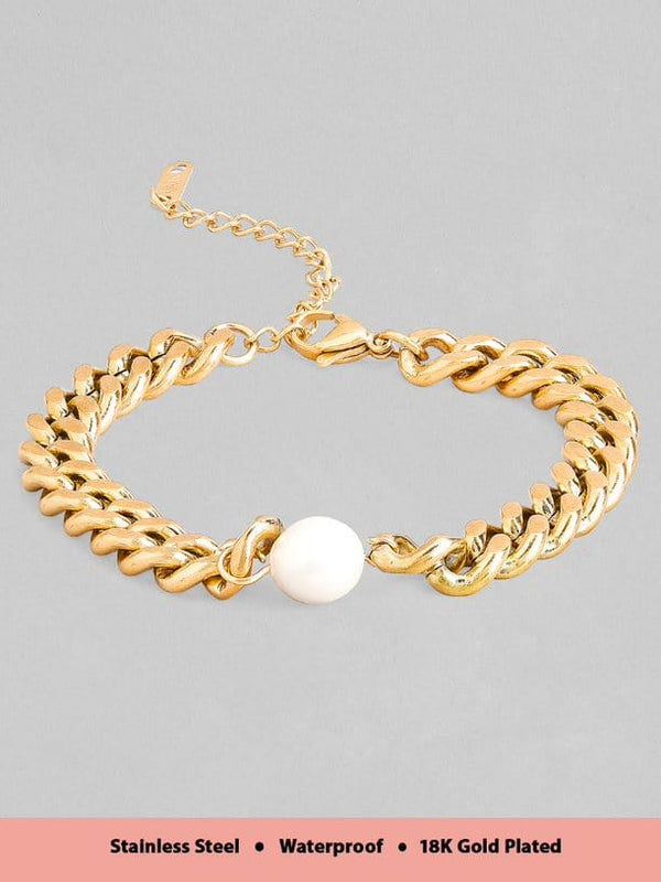 Rubans Voguish 18K Gold Plated Stainless Steel Waterproof Cuban Chain Style Bracelet With Pearl Charm.