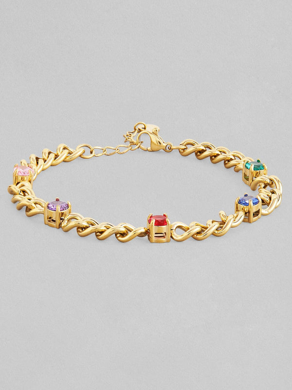 Rubans Voguish 18K Gold Plated Stainless Steel Waterproof Cuban Style Bracelet With Multicolour Zircons Studded.