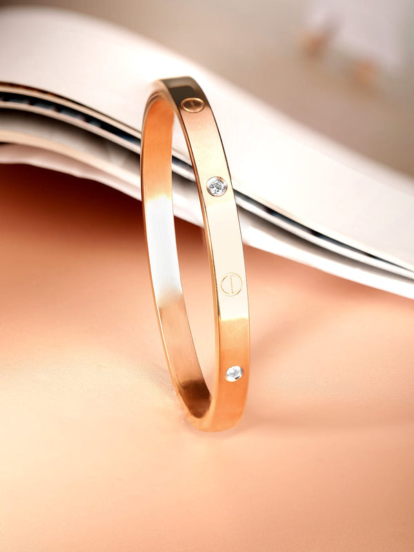 Rubans Voguish Rose Gold Plated Stainless Steel Zirconia Studded Tarnish-Free Demi-Fine Openable Bangle Style Bracelet