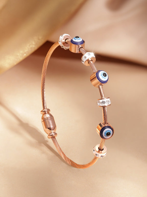 Rubans Voguish Rose Gold-Plated Cubic Zirconia Studded Stainless Steel Water-Resistant Evil Eye Demi-Fine Charm Bracelet