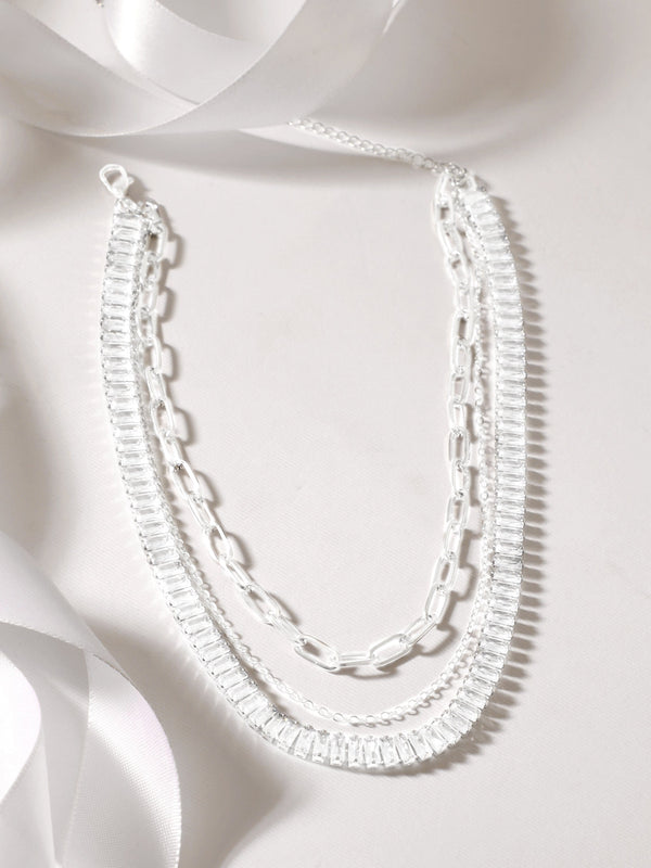 Rubans Voguish Silver Toned With Baguette And Round Zircon Stones Studded Layered Necklace.