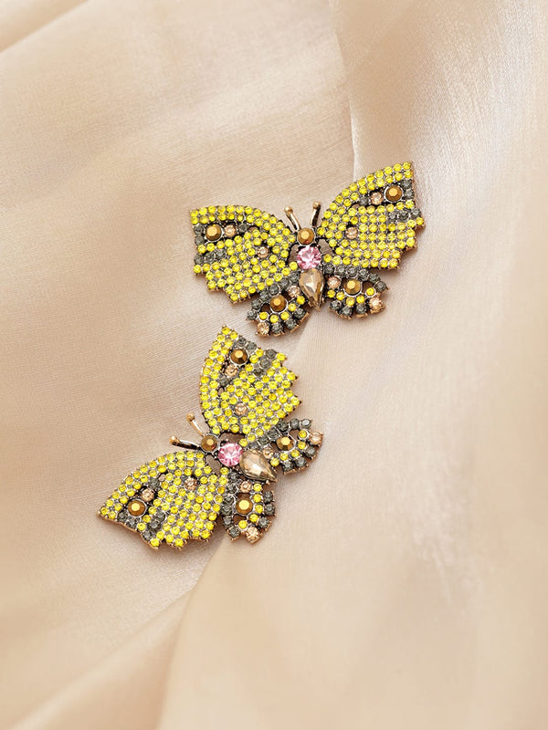 Rubans Voguish Yellow Beaded Handcrafted Butterfly Motif Statement Earrings.