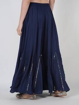 Women's Free Size Navy Viscose Rayon Flared Palazzo With Mirror Lace Work - Cheera