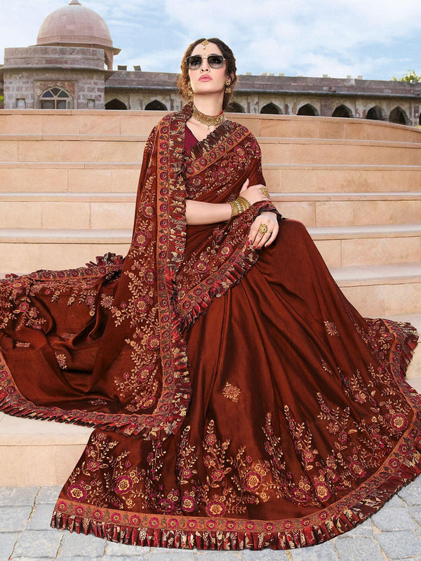 Women's Rust Designer Art Silk Heavy Embroidered Saree - Odette