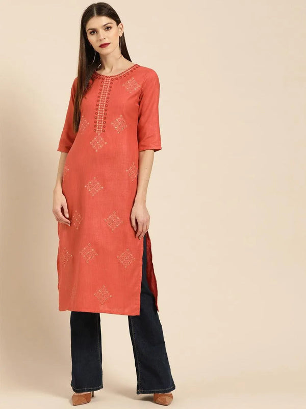 Rust Embroidered Linen Kurta - Jashvi