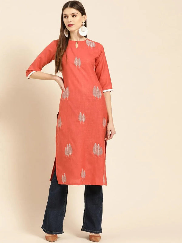 Rust Embroidered Linen Kurta - Jashvi