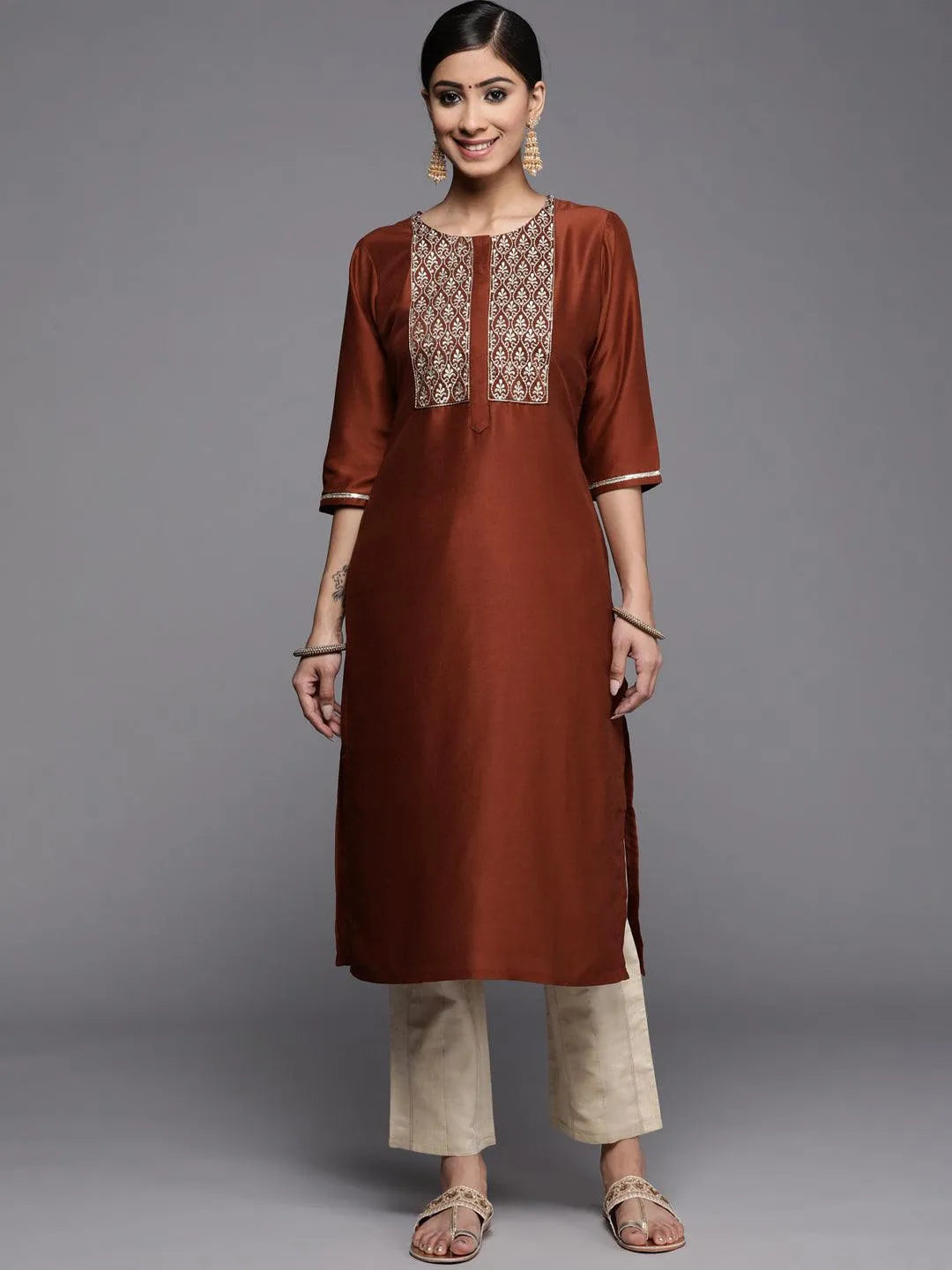 Rust Embroidered Silk Kurta - Jashvi