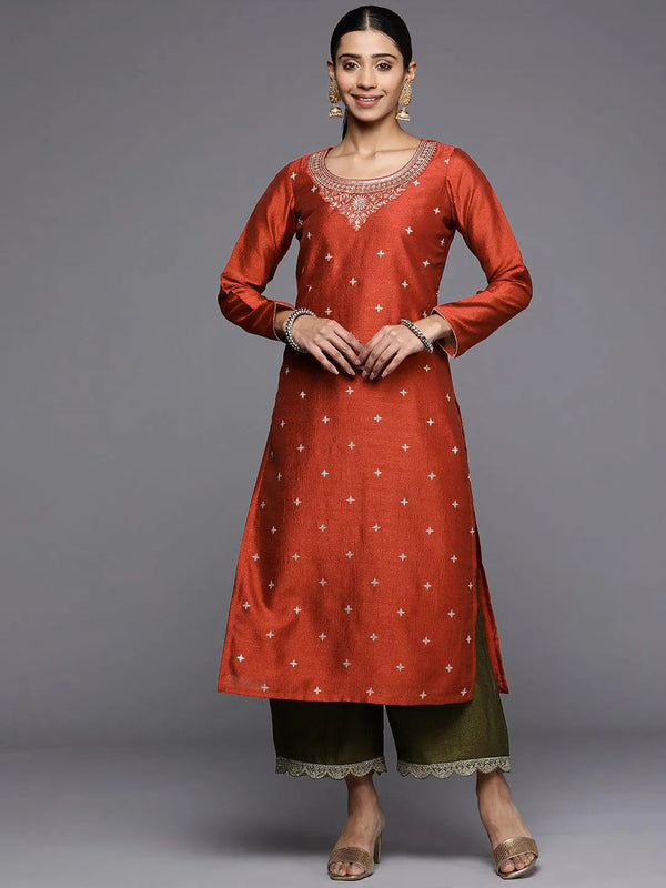 Rust Embroidered Silk Straight Kurta - Jashvi