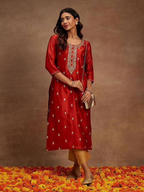 Rust Embroidered Silk Straight Kurta - Jashvi