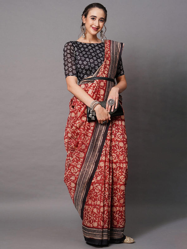 Women's Rust Festive Bhagalpuri Silk Printed Saree With Unstitched Blouse - Odette