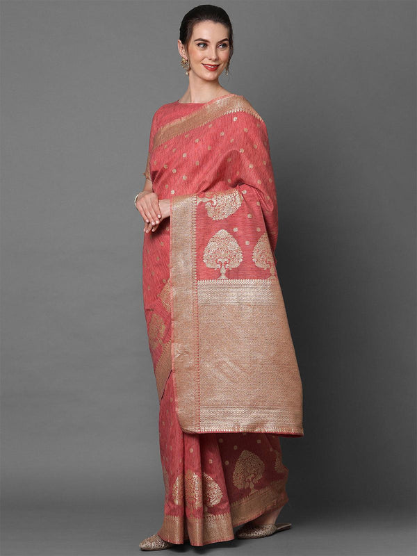 Women's Rust Festive Silk Blend Woven Design Saree With Unstitched Blouse - Odette