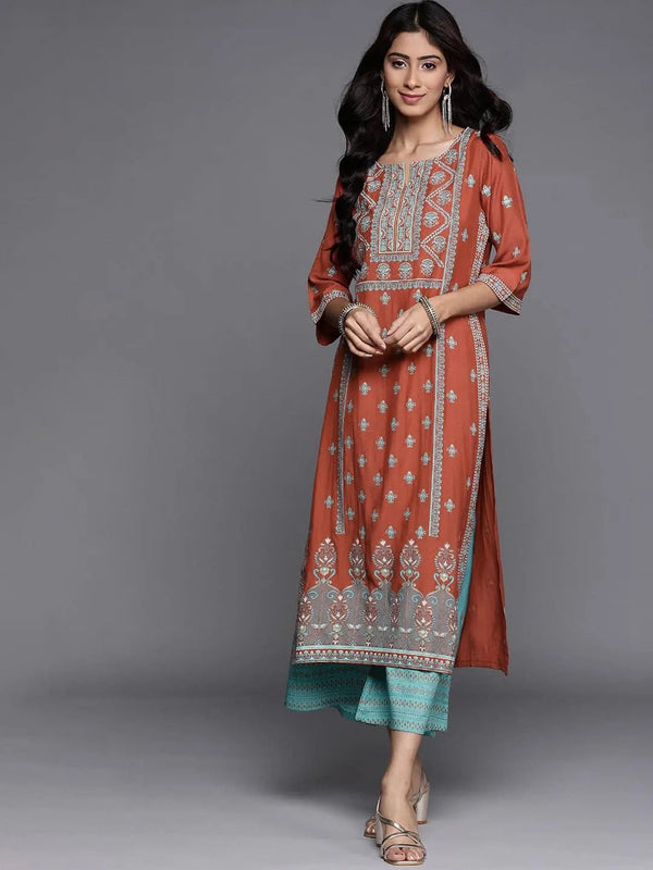 Rust Printed Chanderi Silk Kurta - Jashvi