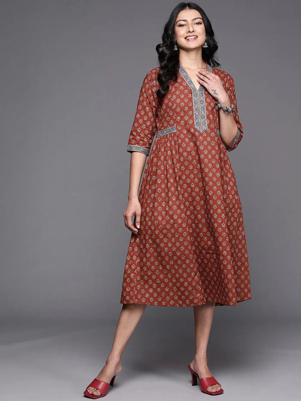 Rust Printed Cotton A-Line Dress - Jashvi