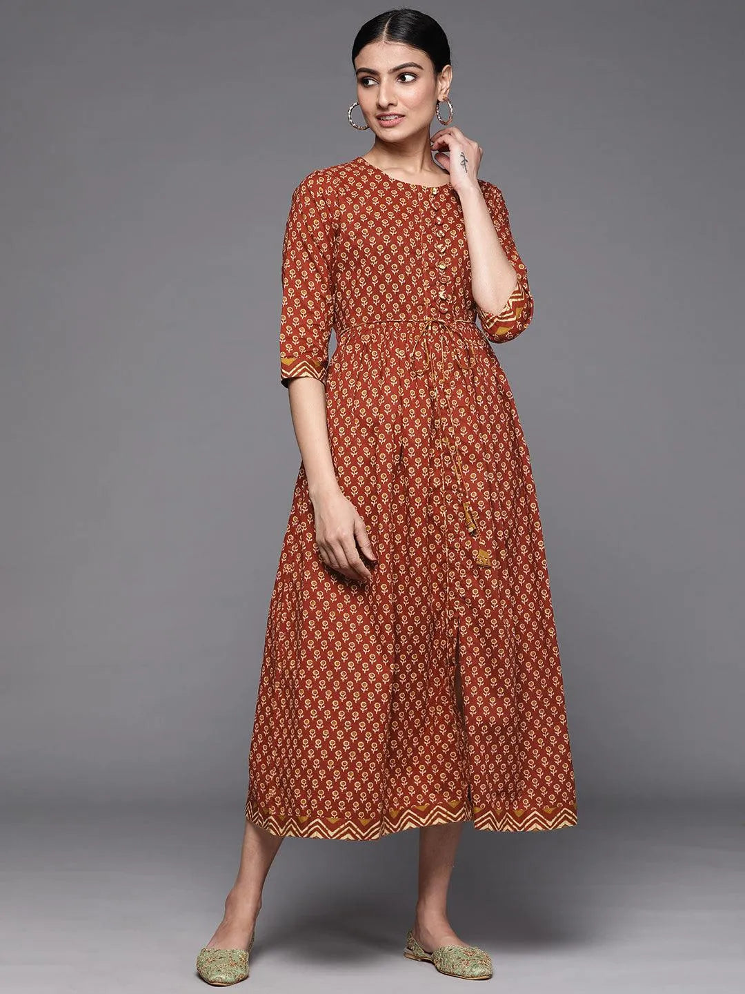 Rust Printed Cotton Dress - Jashvi