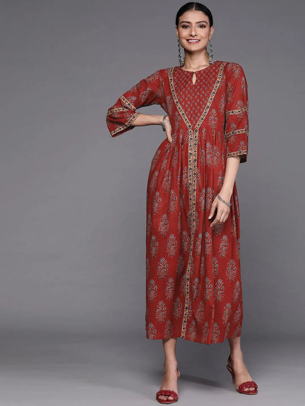 Rust Printed Cotton Dress - Jashvi