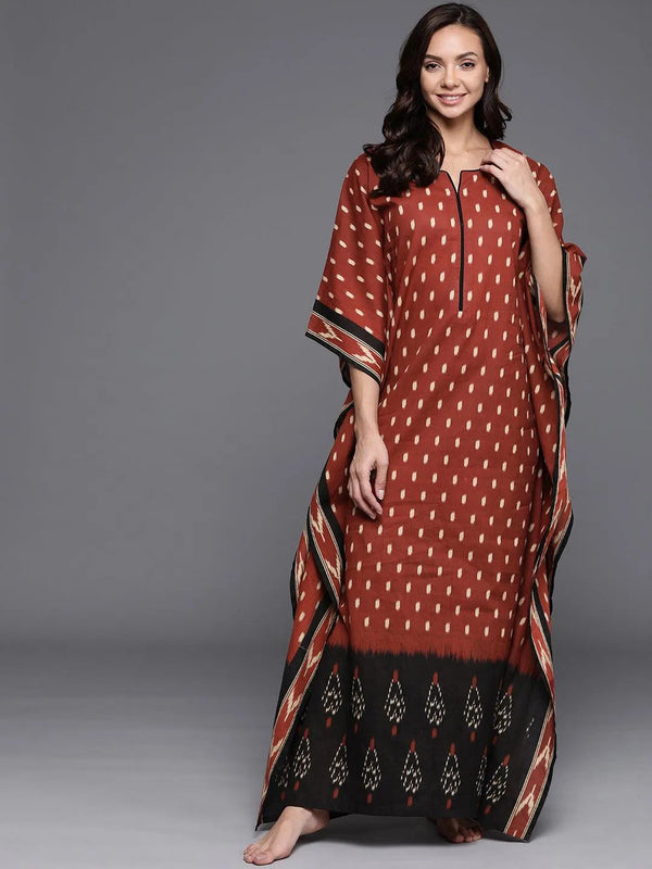 Rust Printed Cotton Nightdress - Jashvi