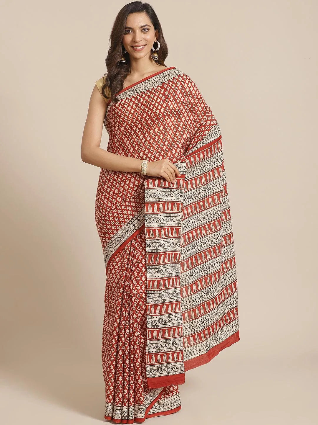 Rust Printed Cotton Saree - Jashvi