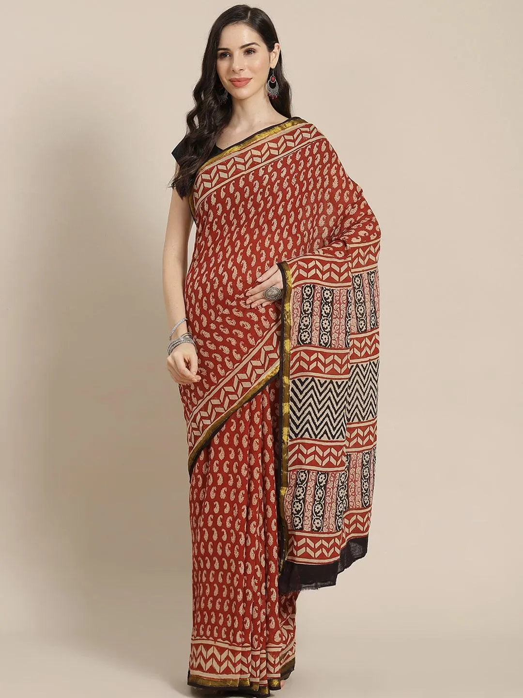 Rust Printed Cotton Saree - Jashvi