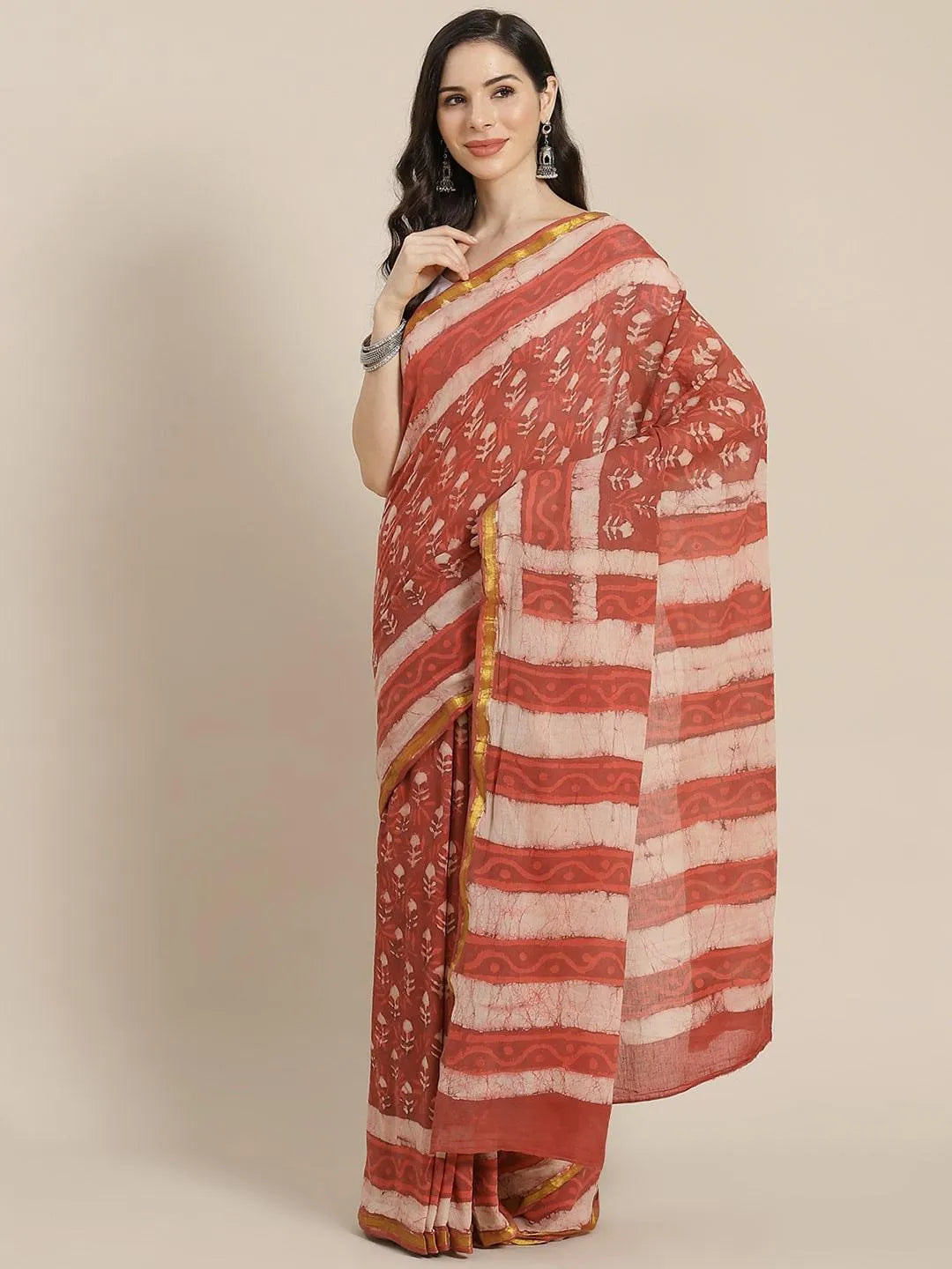 Rust Printed Cotton Saree - Jashvi