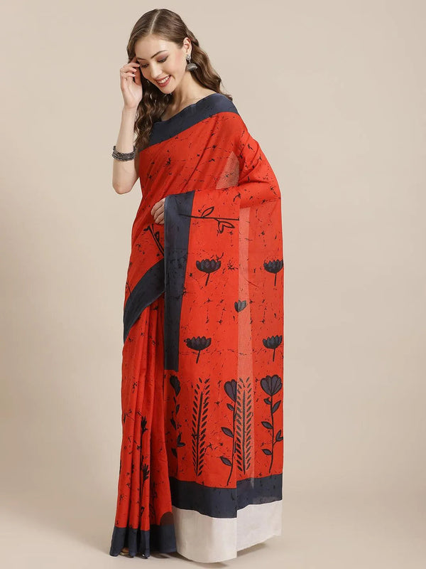 Rust Printed Cotton Saree - Jashvi