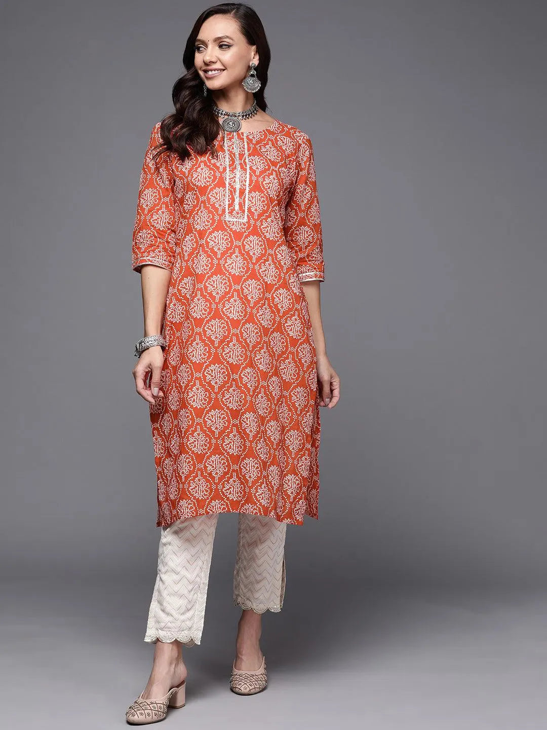 Rust Printed Cotton Straight Kurta - Jashvi