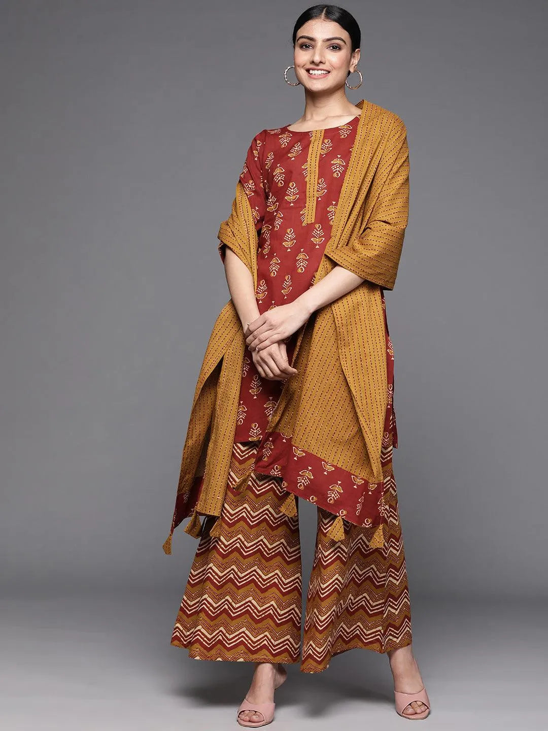 Rust Printed Cotton Suit Set - Jashvi