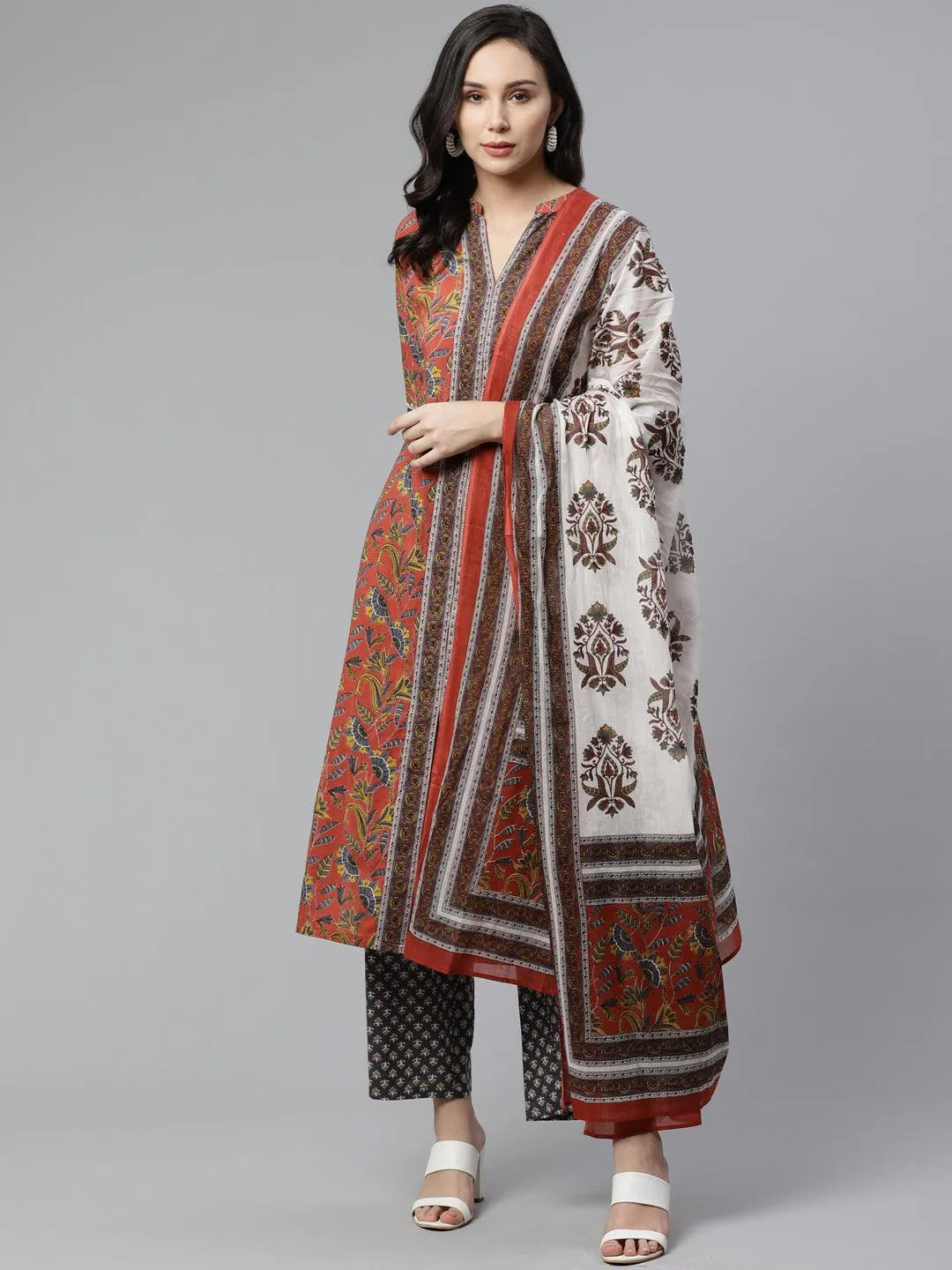 Rust Printed Cotton Suit Set - Jashvi