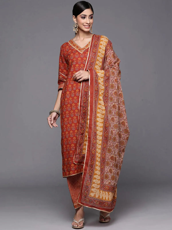 Rust Printed Cotton Straight Suit Set - Jashvi