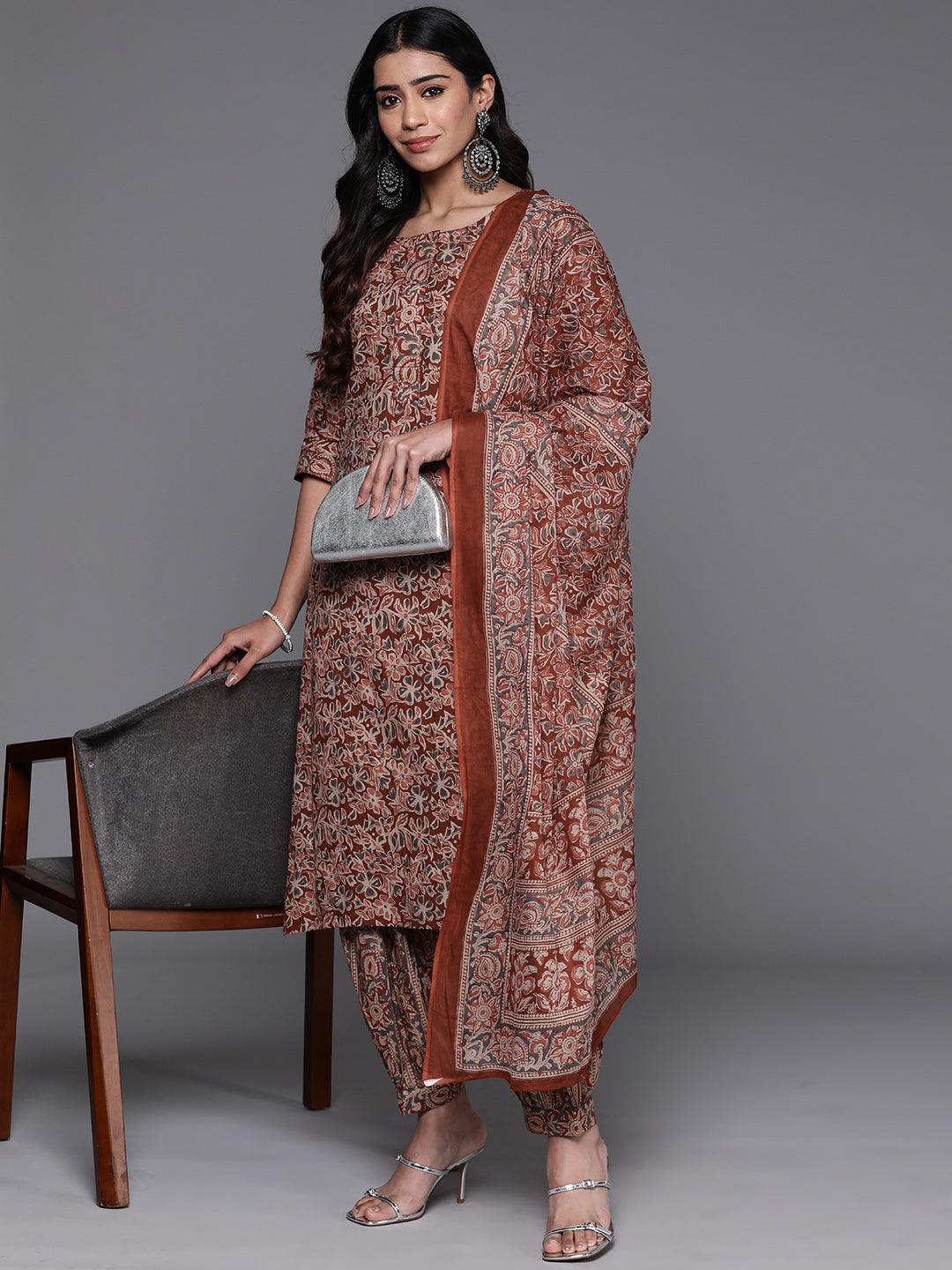 Rust Printed Cotton Straight Kurta With Salwar & Dupatta - Jashvi