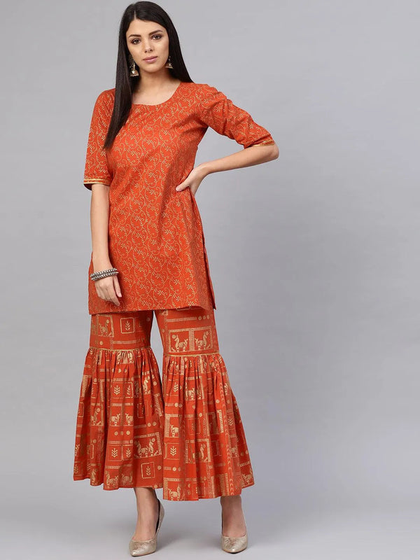 Rust Printed Cotton Kurta Set - Jashvi