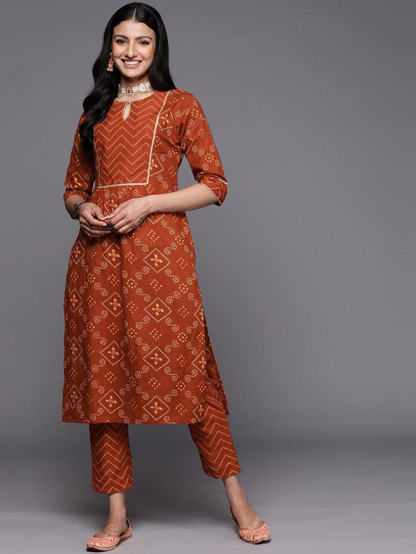 Rust Printed Cotton Straight Kurta Set With Trousers - Jashvi