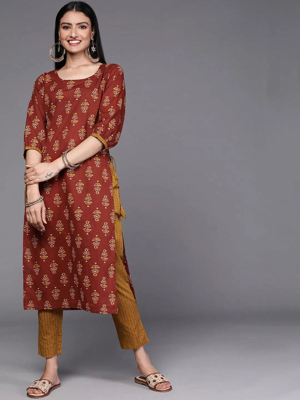 Rust Printed Cotton Kurta Set - Jashvi