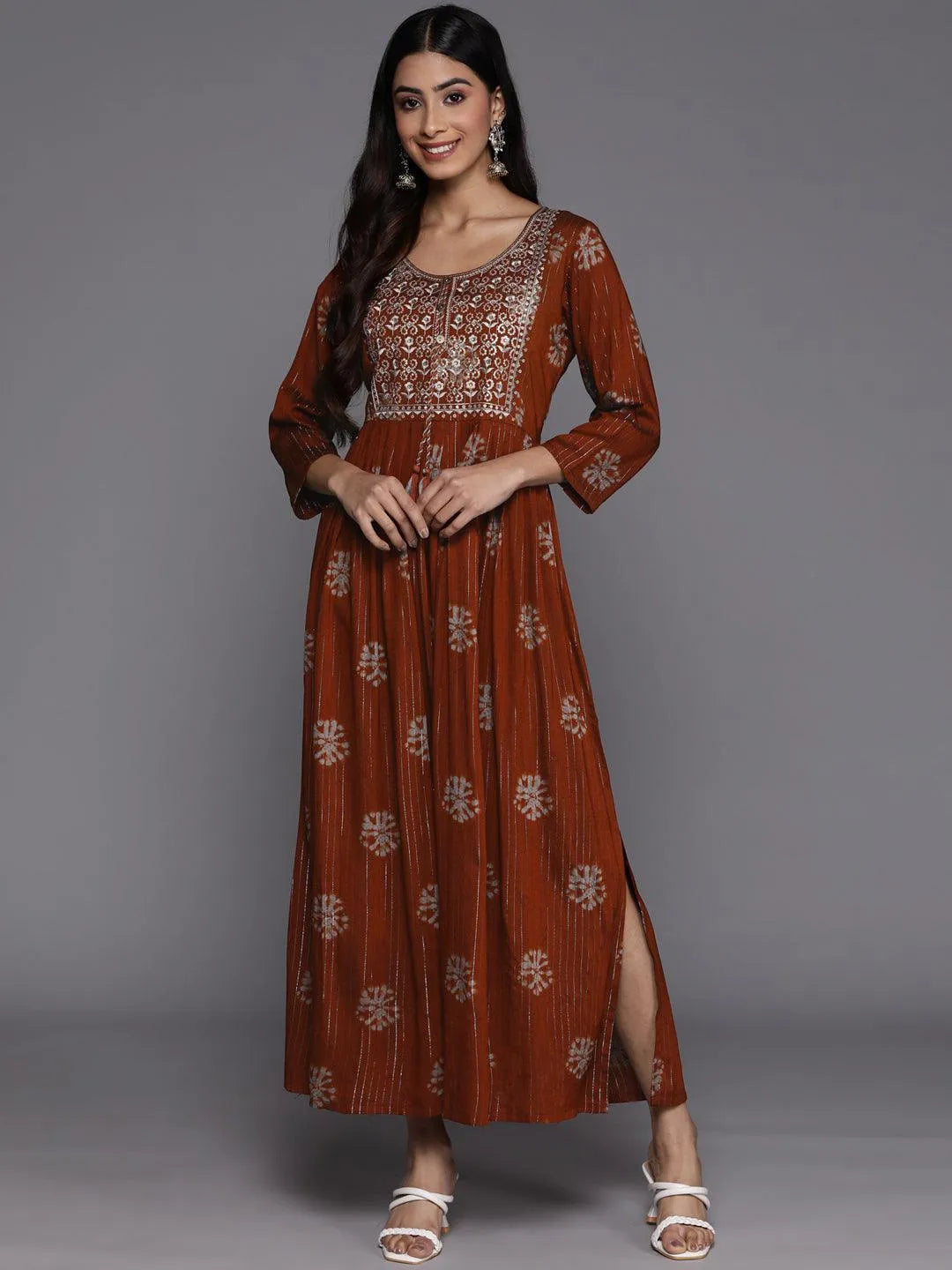 Rust Printed Fit and Flare Rayon Dress - Jashvi