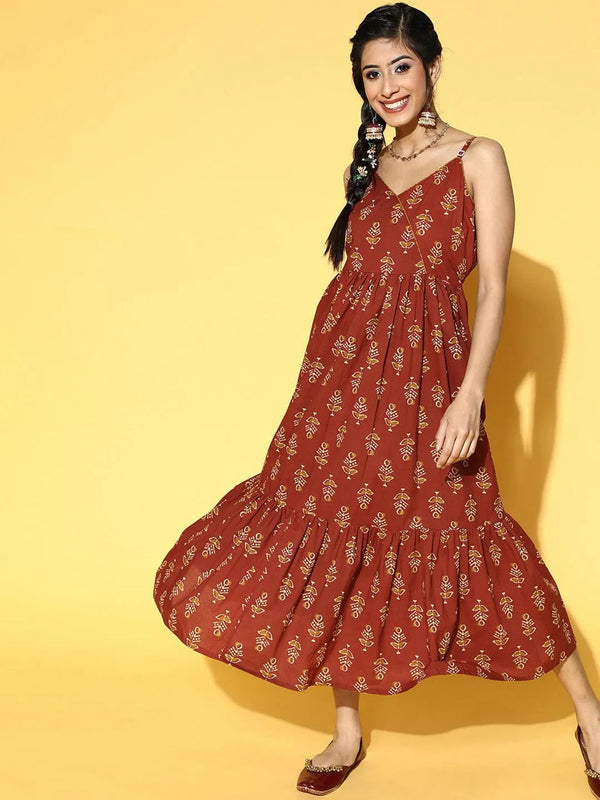 Rust Printed Fit and Flared Cotton Dress - Jashvi