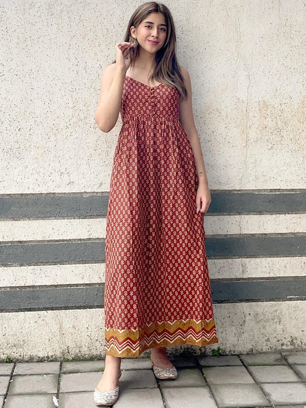 Rust Printed Fit and Flared Cotton Dress - Jashvi