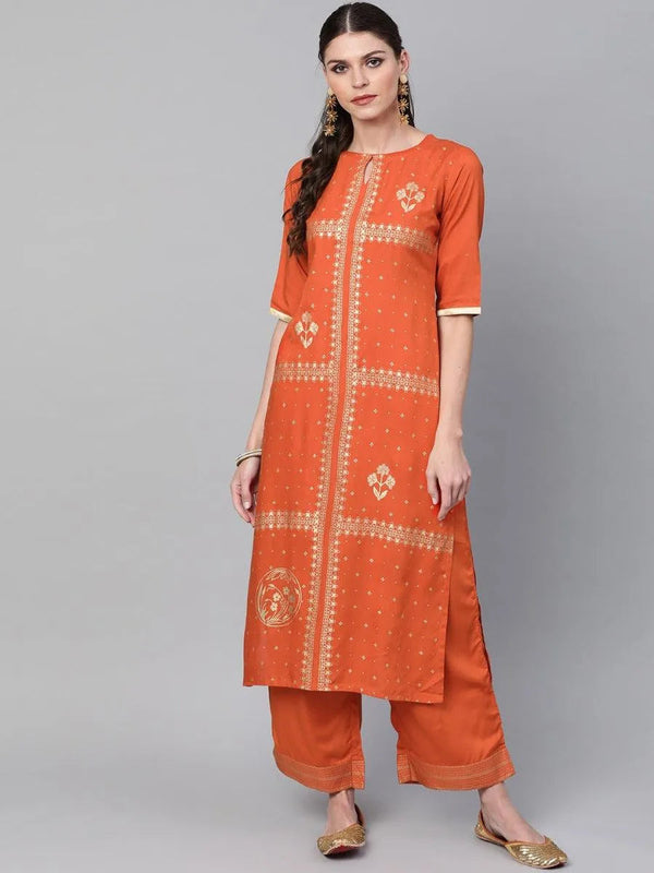 Rust Printed Rayon Kurta Set - Jashvi