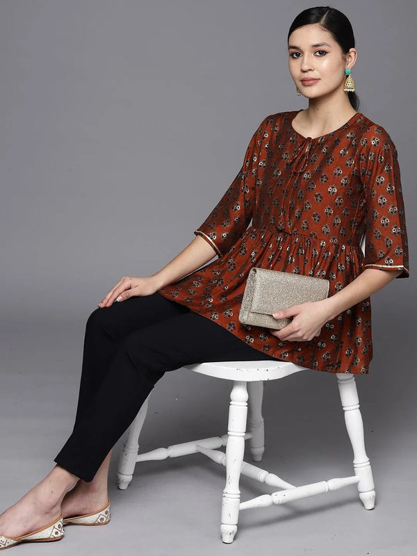 Rust Printed Silk Blend A-Line Kurti - Jashvi