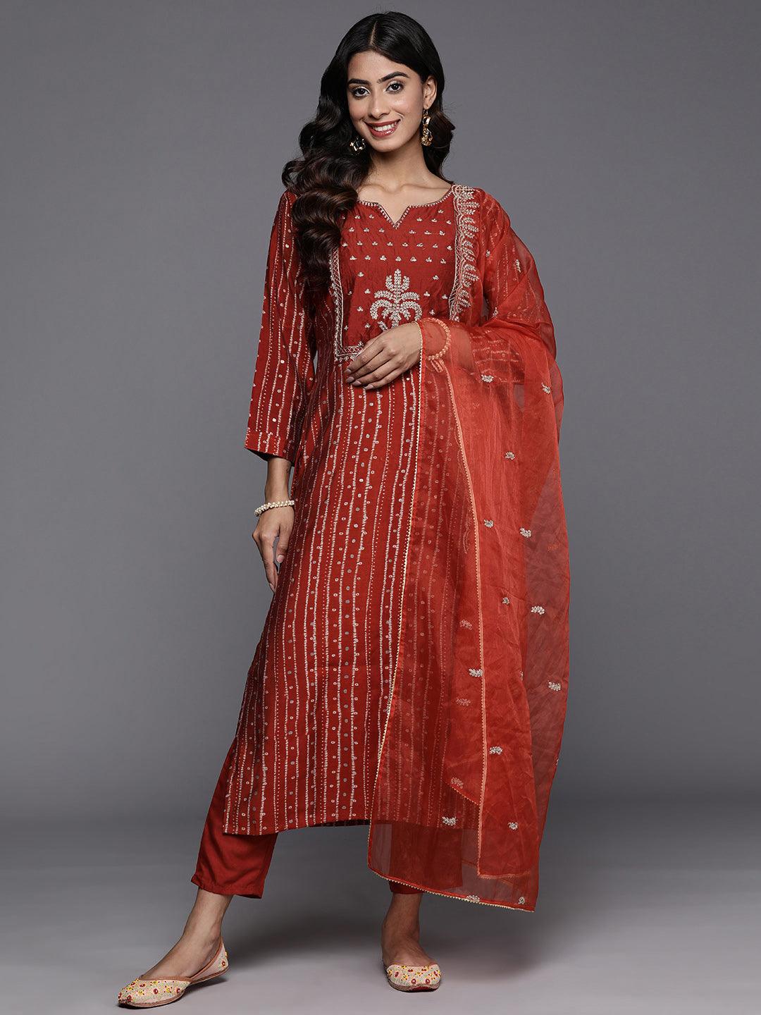 Rust Printed Silk Blend Straight Kurta With Trousers & Dupatta - Jashvi