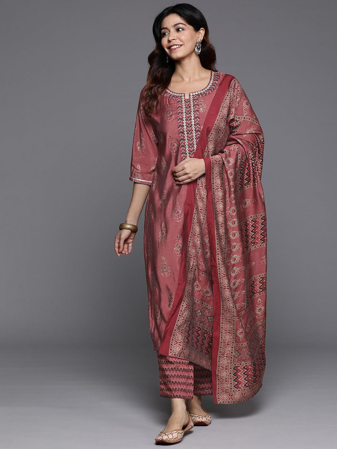 Rust Printed Silk Blend Straight Kurta With Trousers & Dupatta - Jashvi