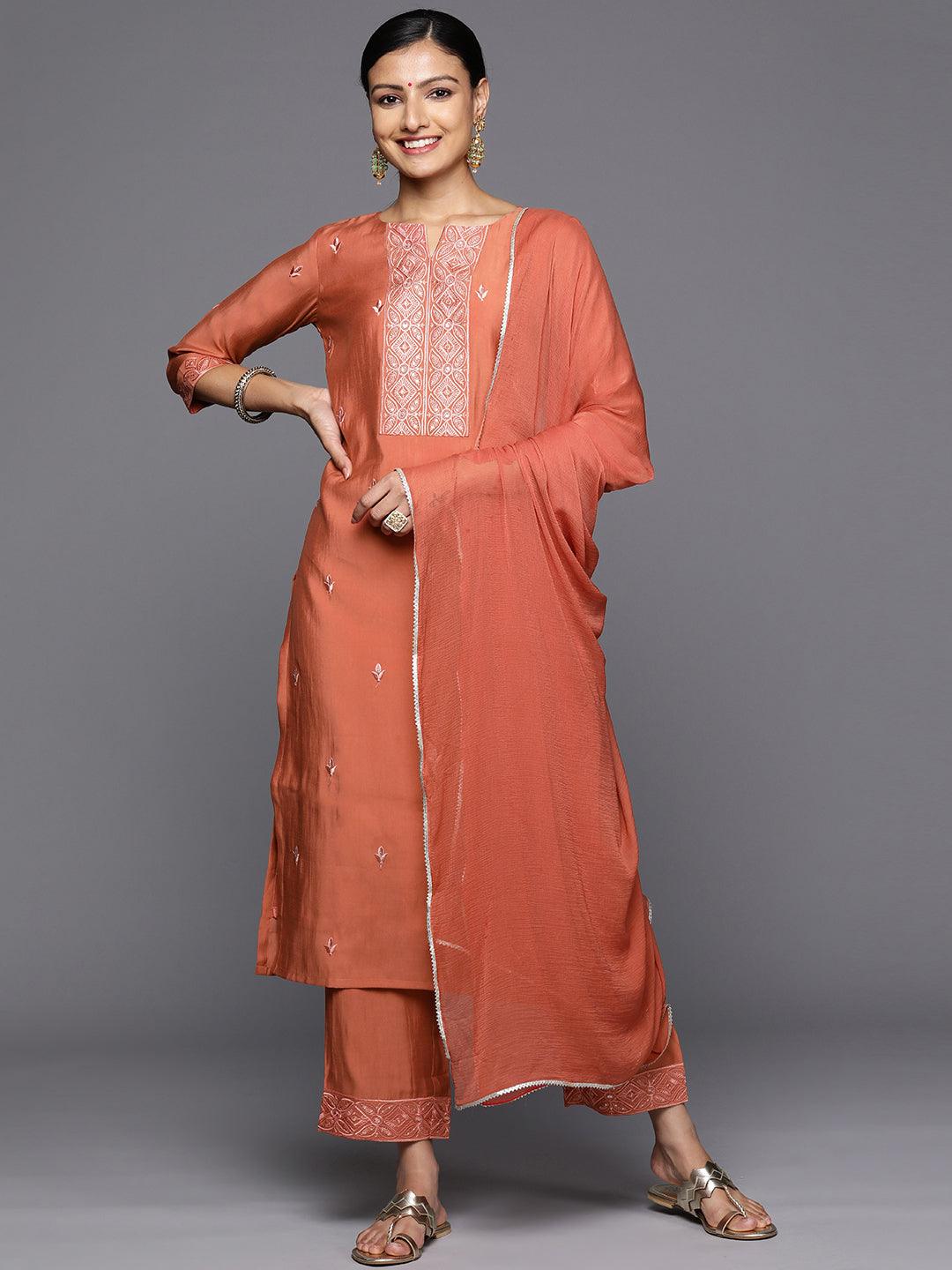 Rust Printed Silk Blend Straight Kurta With Trousers & Dupatta - Jashvi